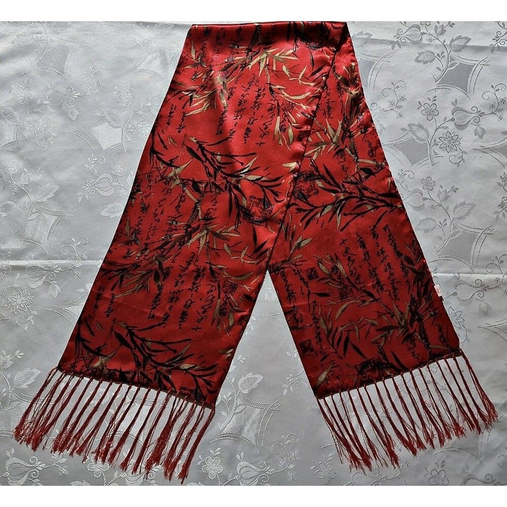 Vintage Chinese Silk Scarf Red Bamboo Calligraphy Zheng Xie Art Wrap